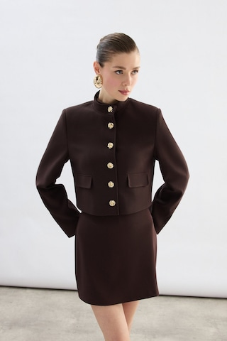 Sateen Düğmeli Kısa Ceket - Kahve-136773 Kahve