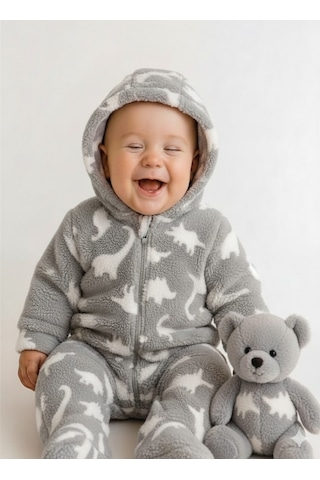 Balbeybi Welsoft Unisex Bebek Çocuk Kışlık Fermuarlı Peluş Tulum , Bebek Ve Çocuk Tulum Gri