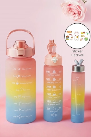 3'lü Motivasyon Kokusuz Stickerlı Spor Suluk Matara Pipetli Taşınabilir