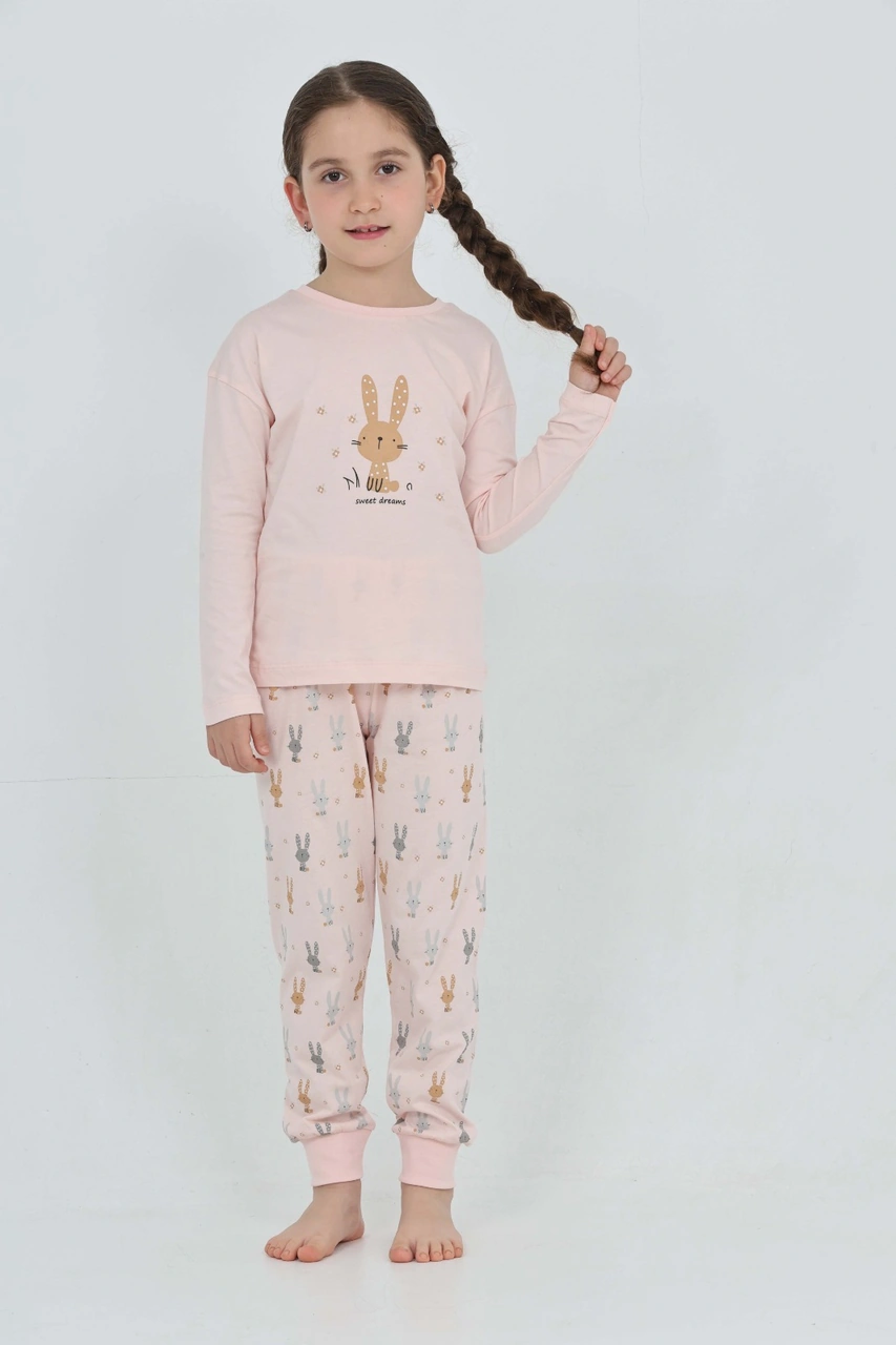 Toontoy Kız Çocuk Tavşan Baskılı Pijama Takım Pudra