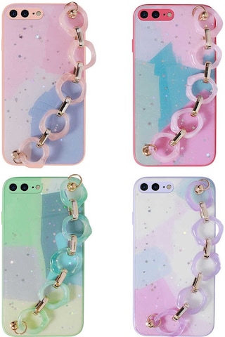 Goocamp Apple iPhone Uyumlu 7 Plus Kılıf Simli Desenli El Askılı Tutacaklı Elsa Silikon Kapak - P Pembe Koyu