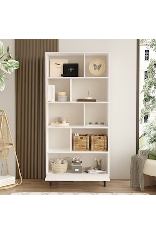 Yurudesign Ocean Kitaplık Raf Metal Ayaklı 176cm Kapaklı Beyaz On4-w