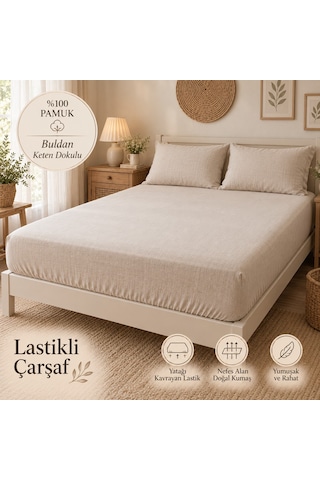 Doğal Dokunuş Naturel Buldan Keten Dokulu %100 Pamuk Lastikli Çarşaf Takımı