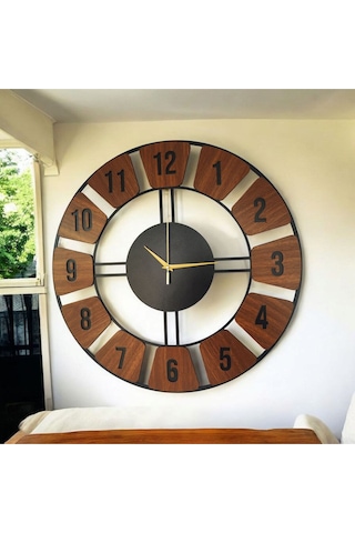 Ahşap Siyah Ceviz Renk Desenli Sayılı Hediyelik Sessiz Duvar Saati 50cm Kahverengi