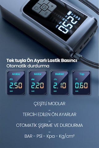 150psi Şarjlı Araç Oto Kompresörü Powerbank Led Işıklı Lastik Top Yatay Şişirme Pompası 6000mah 9624