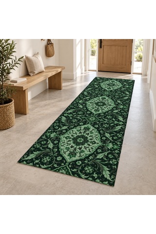Kartela Halı İmparatorluk Gecesi Yeşil Krem Koridor Mutfak Yolluk Halısı Kaymaz Taban 60x180 Cm