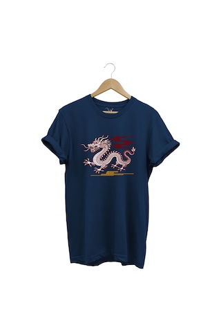 Mitolojik Asya Çin Ejderha Baskılı %100 Pamuk Regular Fit Bisiklet Yaka Lacivert T-shirt Lacivert