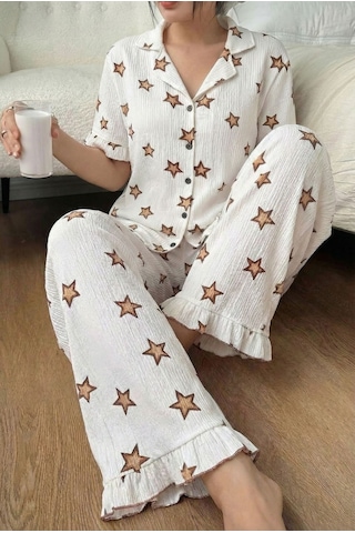 Düğmeli Bürümcük Kısa Kol Kadın Pijama Takımı Beyaz