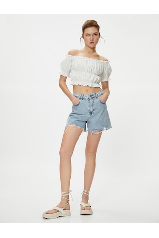 Koton Omzu Açık Bluz Crop Balon Kollu Fırfırlı Beyaz 4sal60034ıw 4SAL60034IW000 Beyaz