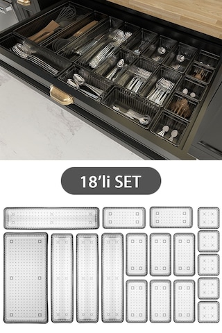 18'li Modüler Set Kaşıklık Çekmece Içi Düzenleyici Çatal Kaşık Bıçak Düzenleme Organizeri Antrasit