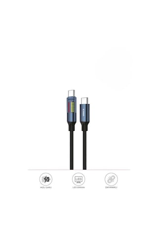 Torıma U21 Type-c To Type-c 60 W Kablosu Led Ekranlı Dayanıklı Örgü Hızlı Şarj Kablo Siyah