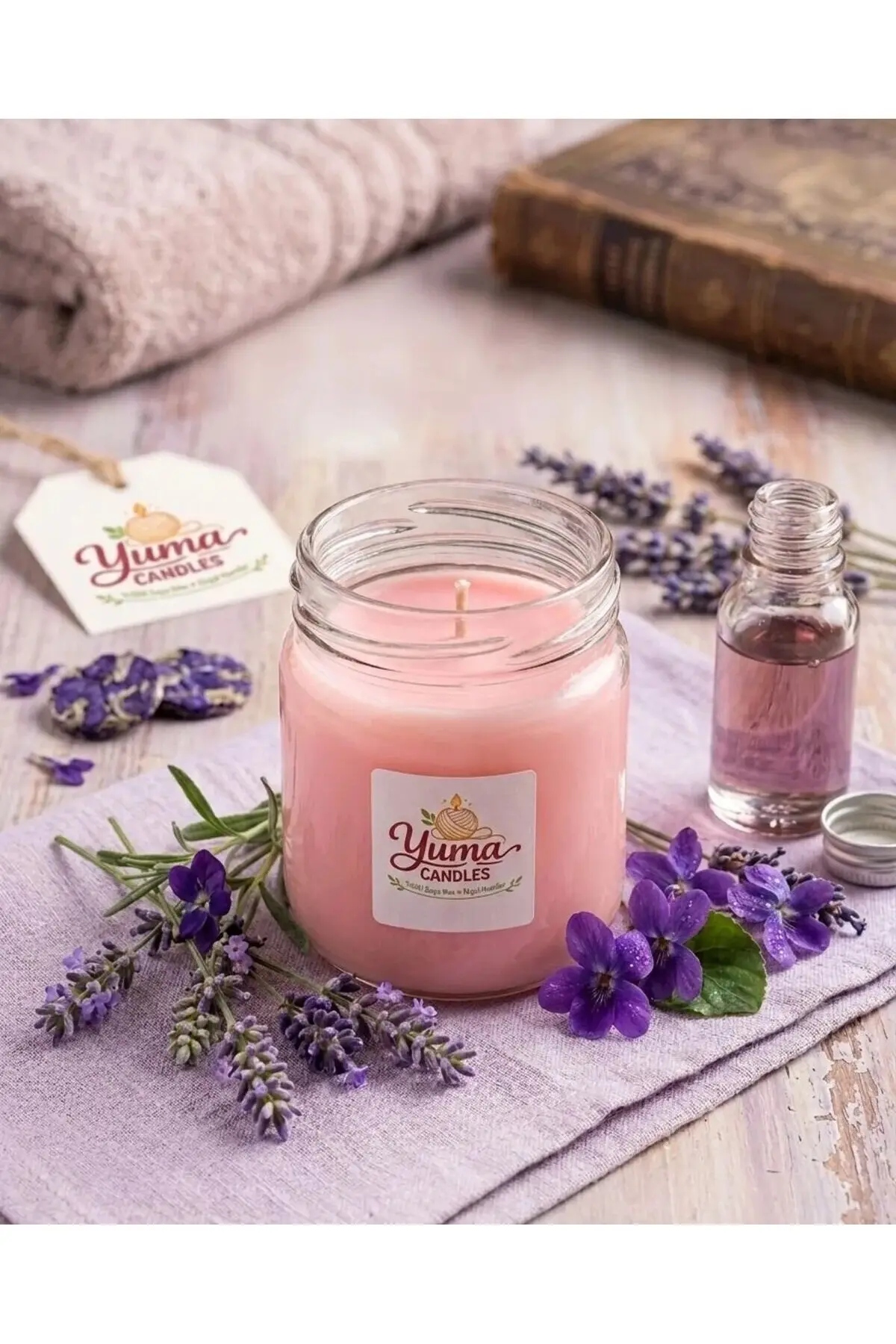 Lavanta Ve Menekşe Kokulu %100 Soya Wax 200cc Kapaklı Cam Kavanoz Mum Pembe