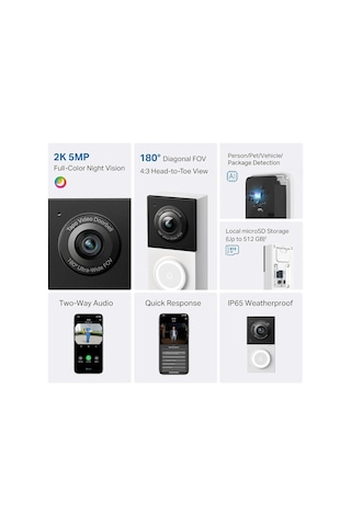 Tp-link Akıllı Video Kapı Zili Kamera Kablolu, 2k 5mp, Renkli Gece Görüşü, 180 Ultra Geniş Fov, 2 Yönlü Ses,
