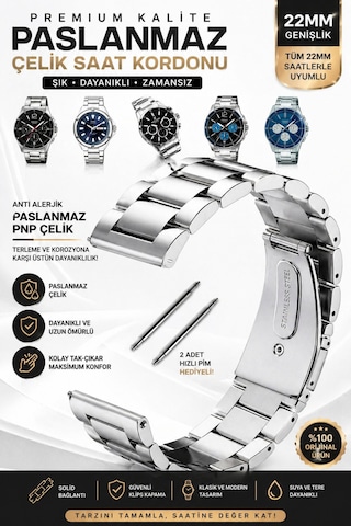 22mm Paslanmaz Çelik Metal Saat Kordonu Suya Dayanıklı, Çelik Pimli, Şık Ve Dayanıklı Diğer