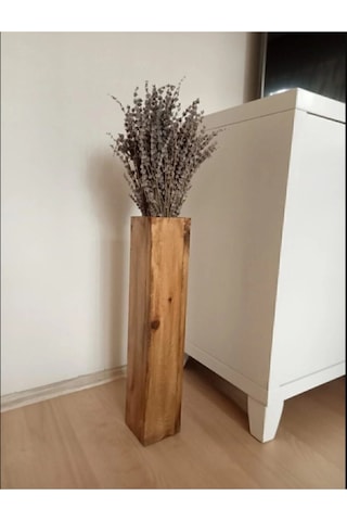 El İşçiliği Ahşap Vazo Pampas Yapay Çiçek Vazosu 50 Cm Kahverengi