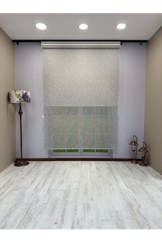 Çift Mekanizmalı Gri Çizgili Desenli Tül Ve Beyaz Stor Perde - İthal Mat Polyester Gri