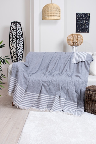 Pamuklu Püsküllü Elmas Desenli Koltuk Örtüsü 170x210 Cm Dekoratif Kanepe, Yatak Ve Tv Örtüsü Koyu Gri