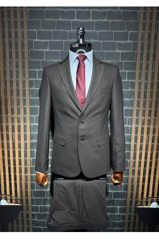 Dupont Classics Dupont Erkek Slim Fit 6 Drop Çizgili Viskon Mono Yaka Çift Düğme Çift Yırtmaç 2 Li Takım Elbise Kahverengi