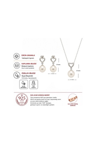 Servi 925 Ayar Gümüş Amore İnci Kalp Kolye Ve Küpe Seti-321