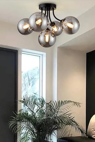Talya Modern Globe Kapalı Camlı Metal Kasa Oturma Salon Yatak Odası Beşli Avize Gri