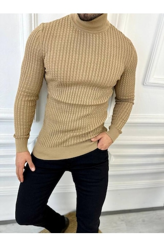 Kazak Slim Fit Tüylenmez Naturel Pamuk Triko Boğazlı Balıkçı Yaka Kazak Kahverengi