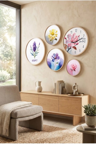 5 Parça Yuvarlak Ahşap Çerçeveli Yazılı Ve Minimalist Kahve Çeşitleri Tablo Ve Saat Seti
