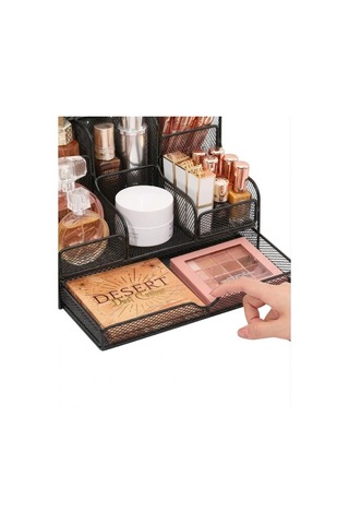 Temel Siyah Metal Mesh Masaüstü Organizer Çekmeceli Çok Bölmeli 25x17x16 Cm 9527b
