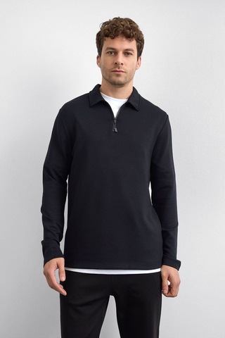 Backandbond Siyah Regular Fit Gömlek Yaka Yarım Fermuarlı Sweatshirt
