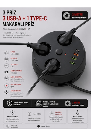 Akım Korumalı Makaralı Priz 3 Priz 3 Usb-a 1 Type-c 2 Metre Kablo 4000w 16a Açma Kapama Düğmeli Siyah 1 - 3 M