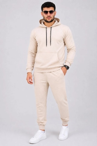 Moda Erkek İki İplik Kapüşonlu Kanguru Cepli Sweatshirt Jogger Pantolon Alt Üst Eşofman Takımı -bej Çok Renkli