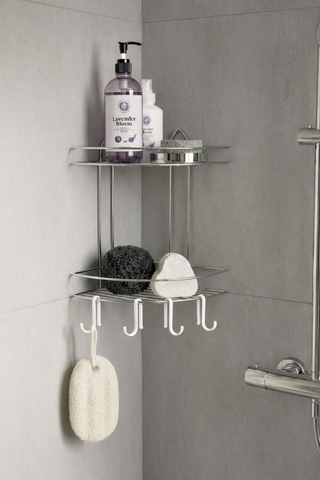 Sas Haus Banyo Köşe Rafı Askılı Duş Organizeri Ve Şampuanlık 2 Katlı Krom Ek-02 Krom