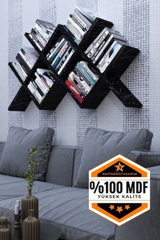 Mdf Kitaplık Bölmeli Raflı Dekoratif Tasarımlı Siyah