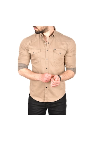Deepsea Erkek Bej Slim Fit Pamuklu Cepli Kot Gömlek Çıtçıtlı Uzun Kollu Spor Gömlek 2502503 Bej