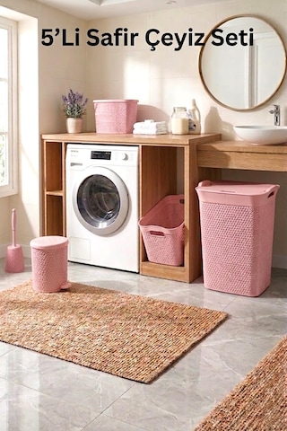 5'li Safir Çamaşır Sepeti Seti Örgü Desenli Pembe