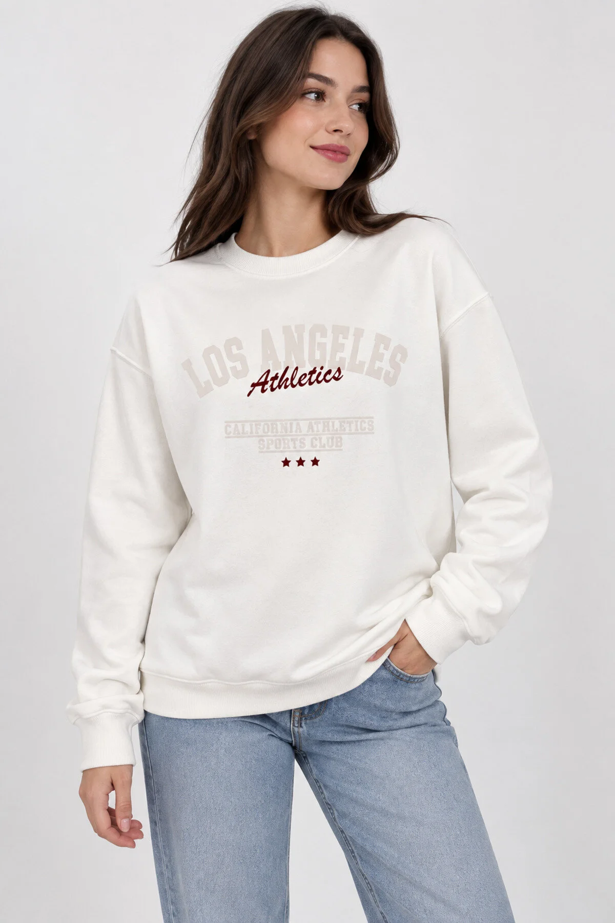 Neco Giyim Kadın Ekru Regular Fit Los Angeles Baskılı Bisiklet Yaka Sweatshirt Spor Günlük Rahat