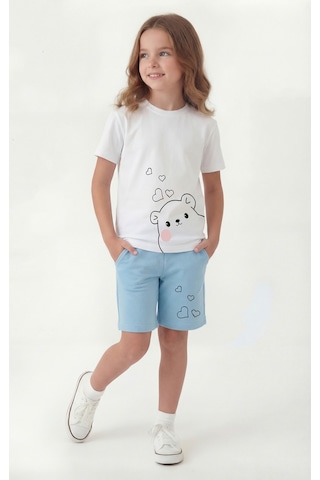 Panios Kids Yuvarlak Yakalı Yazlık Baskı Detaylı Kaprili Kız Çocuk Alt Üst Takım Mavi