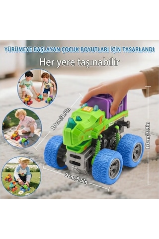 Mor-yeşil Işıklı Sesli Dinozor Canavar Kamyon - 360 Dönen Sürtmeli Akrobasi Oyuncak Arabası Çok Renkli