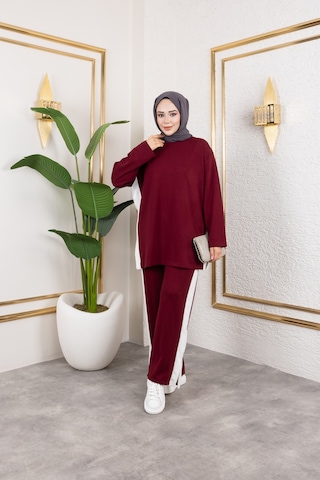 Hira Life Fashion Kadın Efsa Bordo Bisiklet Yaka Yanı Şeritli Ve Pantolon Cepli Alt-üst İkili Takım Bordo Bordo