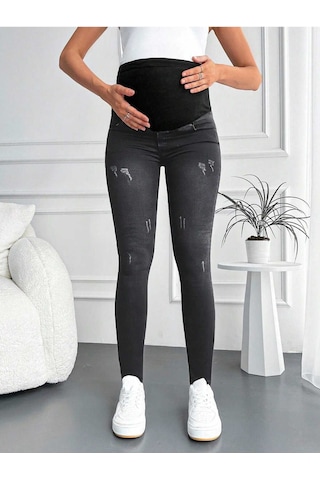 Kene Jeans Kadın Füme Hamile Esnek Karın Bantlı Tırnaklı Dar Paça Jeans Pantolon