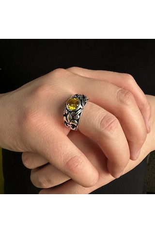 925 Ayar Gümüş Sarı Sitrin Taşlı Zambak Motifli Alyans Model Erkek Yüzük Gümüş