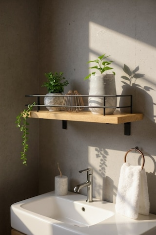 Modern Tasarımlı Metal Korkuluklu Ahşap Duvar Rafı Safir Meşe