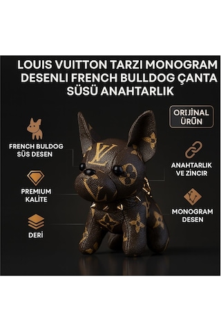 Nixcon Louis Vuitton Tarzı Monogram Desenli French Bulldog Çanta Süsü Anahtarlık Kahverengi - Altın