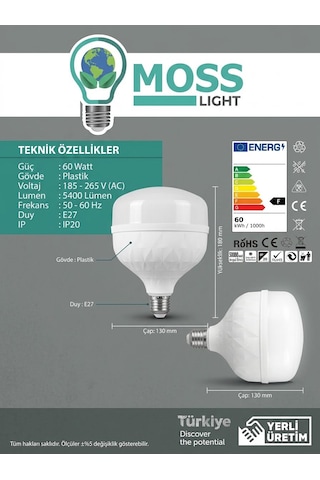 Moss Light Vip Aydınlatma / 60w Kristal Torch Ampul Beyaz Işık 1