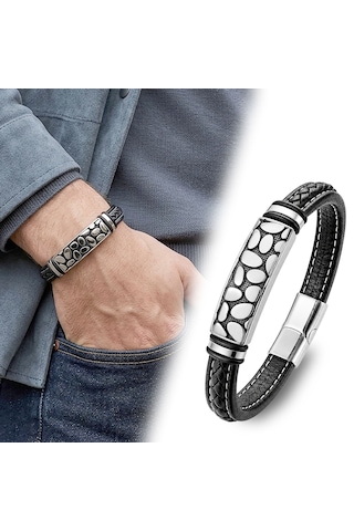 Premium River Stone Motifli Çelik Kilitli Siyah Deri Erkek Bileklik. 31831b8d4 - 20 Cm