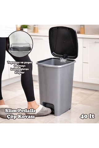 Porsima 0122 Pedallı Metalize Banyo Mutfak Çöp Kovası Siyah Kapaklı Slim Pedallı Çöp Kovası 40 Litre Siyah