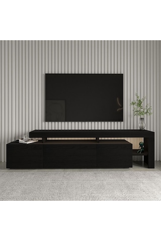 Beliz Modern LED Işıklı 3 Kapaklı, Raflı TV Sehpası – 192 cm, Ahşap Siyah