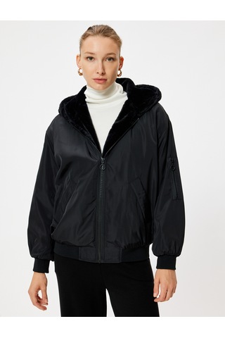 Koton Oversize Bomber Şişme Mont Kapüşonlu İçi Kürklü Fermuarlı Siyah 5wak20111ew Siyah
