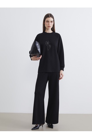Lcw Modest Siyah Bisiklet Yaka Boncuk İşlemeli Kadın Sweatshirt Tunik