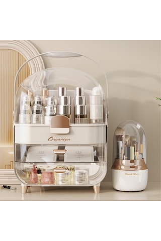 Çekmeceli Kozmetik Organizer Makyaj Kutusu Fırça Takı Ve Aksesuar Düzenleyici Bej