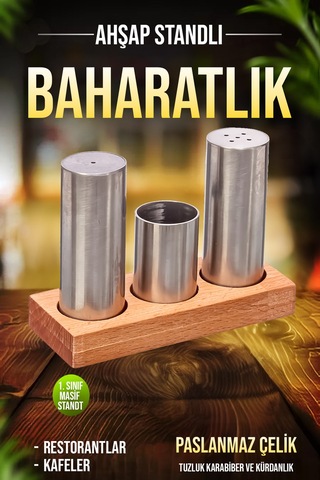 3'lü Paslanmaz Çelik Boru Tuzluk Ve Baharatlık Seti Ahşap Stantlı Kafe Restorant Baharatlık Diğer